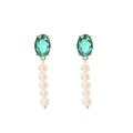 Pendientes largos de perlas con gema verde ovalada y cinco perlas blancas - Colgante de perlas ovaladas verde esmeralda