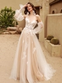 Bohemian A-line bridal gown with champagne lining, lace floral appliques and puff sleeves - US 10 / Nude Back Lace-up
