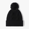 Gorro de punto negro para mujer con pompón y diseño de trenzado grueso cálido - Negro