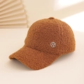 Caramel brown plush lamb wool baseball cap with silver metal R letter emblem accessory - M (56-58cm) / Caramel Rhinestone R Label