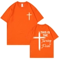 Unisex bright orange T-shirt with white cross print and Turning Point back graphics - Orange