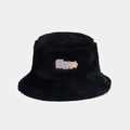 Dettaglio del cappello pescatore in peluche nera con ricamo colorato Happy e stelline - M (56-58cm) / Nero