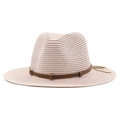 Close-up of beige woven straw cowboy hat with a dark brown faux leather decorative band - Nude Pink