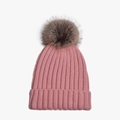 Pink knit winter hat with large faux fur pompom and ribbed texture for cold weather - Adult Size (56-60cm) / Pink