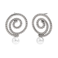 Elegant silver twisted hoop earrings with round white pearl drop on white background - Twisted Loop Pearl Studs - Steel Color