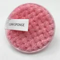 Pink round microfiber cleansing puff with soft texture and white clean sponge label - Pineapple Grid Pink