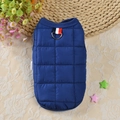 Dark blue quilted dog winter vest with metal D-ring for leash and tricolor stripe detail - XS / Blue