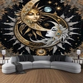 Detail of bohemian sun and moon tapestry with mystic celestial art over a grey sofa - 150x130cm / Style 1 (Sun & Moon)
