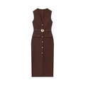 Detailed view of the dark brown V-neck midi dress with a metallic gold wavy buckle belt - XS / Brown
