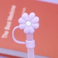 Purple flower silicone straw cover cap for 8-10mm straws with integrated strap - Purple White Flower / 10mm