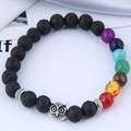 Nahaufnahme von Eulen-Anhänger und Chakra-Perlen auf schwarzem Lavastein-Armband - Eule / Schwarz/Mehrfarbig