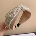 Pink tweed headband with white pearl trim and central pearl accent for elegant style - S42 Beige Tweed Pearl Edge Knot Style