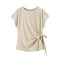 Haut tricoté beige à manches courtes avec nœud latéral pour femme sur fond blanc - S / Tops / Jaune clair