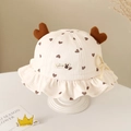 Dettaglio cappello sole neonato beige con stampa cuore, badge coniglio e lacci - 48-50cm(6 Mesi-2 Anni) / Marrone