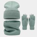 Three-piece winter knit set including a warm beanie hat, neck warmer, and touchscreen gloves - Bean Green