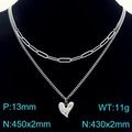 Silver double layer stainless steel heart necklace with paperclip chain and hammered pendant - Double Layer Paperclip Chain-45cm/11g / Steel (KN291947-Z)