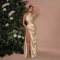 Robe longue élégante en satin champagne doré à une épaule avec fente haute sur la cuisse - XS / Bleu foncé