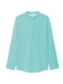 Detail of mint green waffle knit fabric with a four-button placket and buttoned cuffs - Cyan