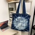 Retro dark blue washed denim tote bag with frayed patch design and large capacity - Dark Blue