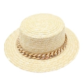 Flat top straw boater hat in beige with chunky gold chain decoration for women - M(56-58cm) / Natural