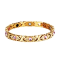 Golden magnetic therapy bracelet with X-shaped links and pink crystal stones - Gold