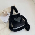 Chic black plush heart-shaped crossbody bag with soft faux fur and thick strap - Black