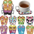 10-piece flip-flop shaped summer diamond painting coaster set with black metal holder - Summer Theme Flip Flops Style (BD997)