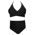 Zweiteiliger schwarzer Mädchen-Bikini mit Neckholder-Top und hoher Faltenhose - 104 / Zweiteiler-Set (Gerafft) / Schwarz