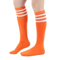 Vibrant orange cotton calf socks with three white stripes in retro athletic style - One Size / Orange/White Stripes
