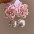 Detailed shot of handmade pink flower earrings with crystal beads and a large pearl drop - 52# Silver Pin - Pink Faux Shell Pearl