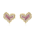 Detail of 18K gold heart studs with pavé set white and pink zircons on white background - Gold with Pink & White Zircon Heart