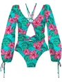 Costume da bagno intero a maniche lunghe con stampa tropicale e ritaglio in vita - Verde con fiori rossi