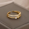 18K gold plated double-layer open ring with white zircon stones and heart charm - Gold Double Layer Heart (G10112558G-4)