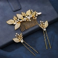 Détail du lot de 3 accessoires de coiffure de mariée avec strass et motif de feuilles dorées - Ensemble de peignes / Doré