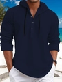 Men's navy blue cotton twill hooded henley sweatshirt with button placket on beach - S / Navy Blue