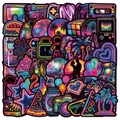 Vibrant neon graffiti stickers collection featuring 80s and 90s pop culture icons - Neon Retro 80s 90s Style (TQ50-0540)