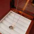 Close-up of a silver intertwined ring pendant with zircon in a luxury wooden jewelry box - Interlocking Rings Style / Silver
