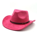 Detail of rose red western cowboy hat with black leather band and golden buckle accents - Suede / Rose Red