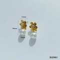 Elegantes pendientes de flor dorada con incrustación de mármol y gota de perla blanca - Estilo Perla de Flor Blanca (D2961)