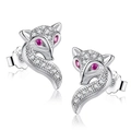 Silver fox-shaped heart stud earrings with pink gemstone eyes and S925 hallmark stamp - Fox Earrings Tz-29