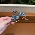 Elegant 9cm black metal hair claw with gradient blue roses and crystal accents - 4 Flowers Smoky Gray Small (9cm)