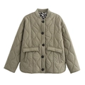 Giacca trapuntata verde oliva da donna con fodera leopardata e chiusura frontale - S / Cachi Verde
