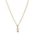Detail of a gold titanium necklace with a white pearl and pink zircon stone pendant - October Necklace