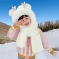 Écharpe à capuche 3-en-1 en peluche blanche avec bois de cerf pour l'hiver - Enfant / Ensemble 3 pièces amélioré / Blanc