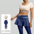 Women's ivory and whale blue high-stretch yoga set with 2-in-1 leggings and running top - S / Top And Bottom / Ivory White + Whale Blue