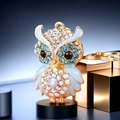 Golden owl keychain with colorful crystals on a geometric display stand - A430 Owl O Blue