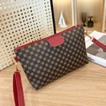 Retro brown shoulder bag with gold clover pattern and red textured strap detail - Red