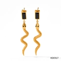 Golden snake pendant earrings with rectangular black inlay and detailed scale textures - Gold Black Zirconia Style (KDE917)
