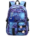 Blue galaxy print school backpack for students featuring star patterns and plush charm - No Logo With Blue Fur Ball / Starry Blue