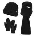Black winter knit set including a warm beanie, scarf, and touch screen gloves - Black